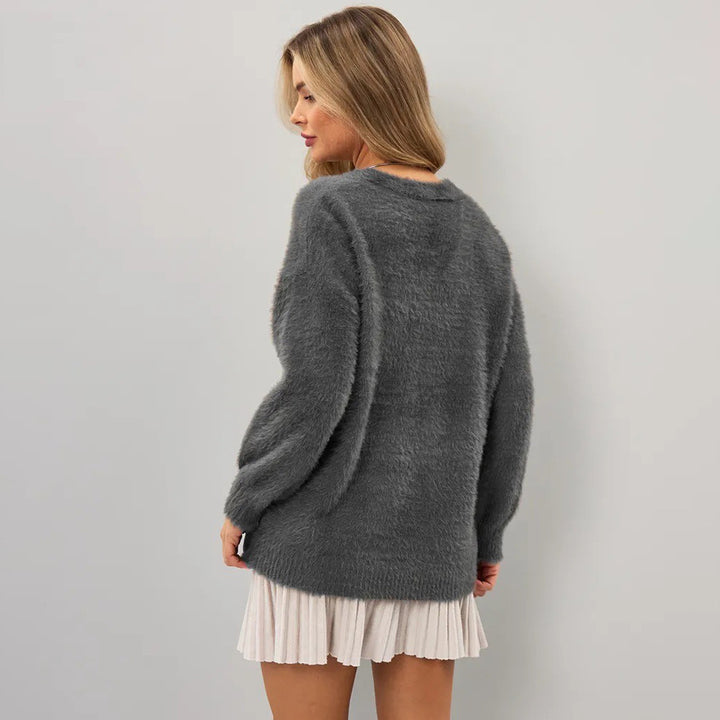 Women Plush Cardigan with Deep V Neckline and Button Details Lune London