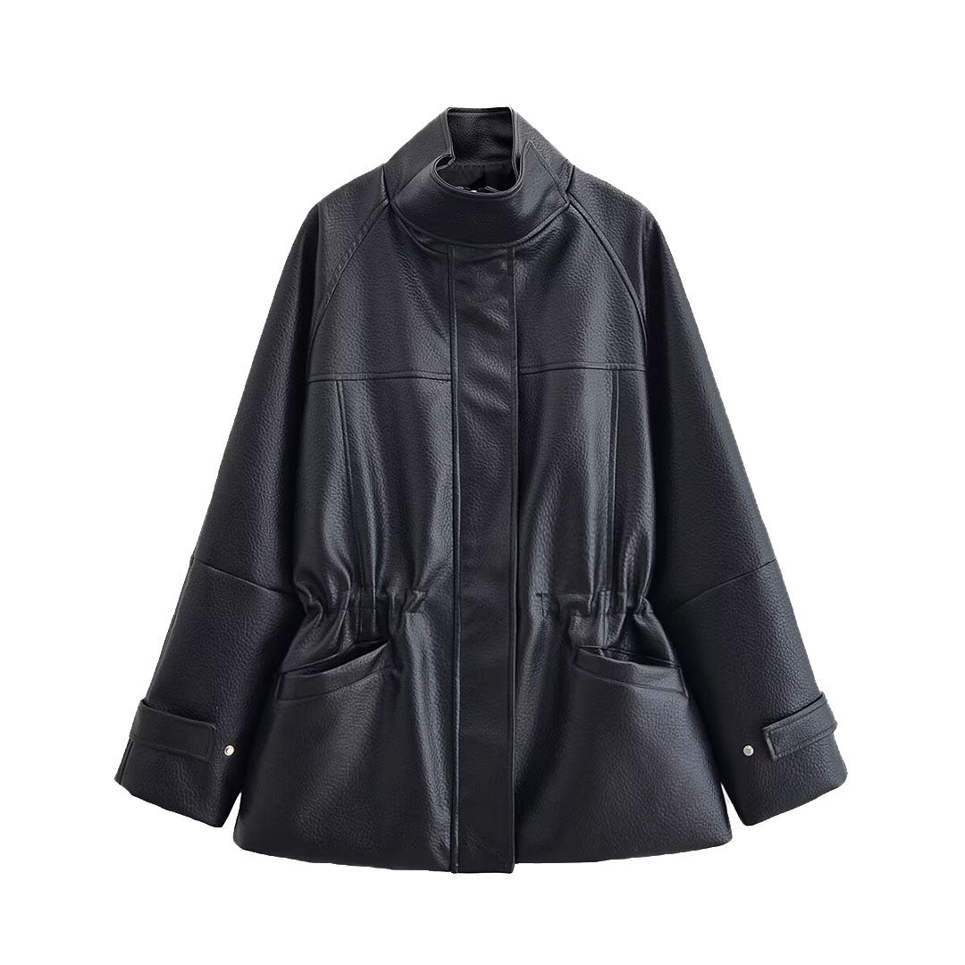 Women's Oversize Faux Leather Jacket with Stand-Up Collar, Drawstring Waist and Patch Pockets Amarae