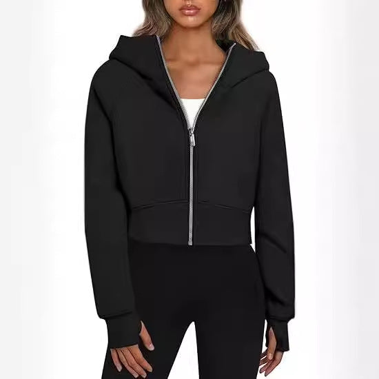 Ladies Crop Sweat Jacket with Zipper and Hood Lune London