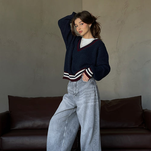 Casual sweater for women with V-neck and striped details Amarae