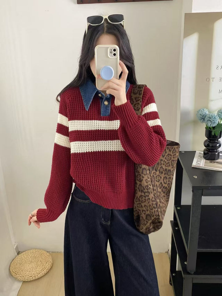 Pull en tricot décontracté pour femmes avec col et design rayé Chic & Stil