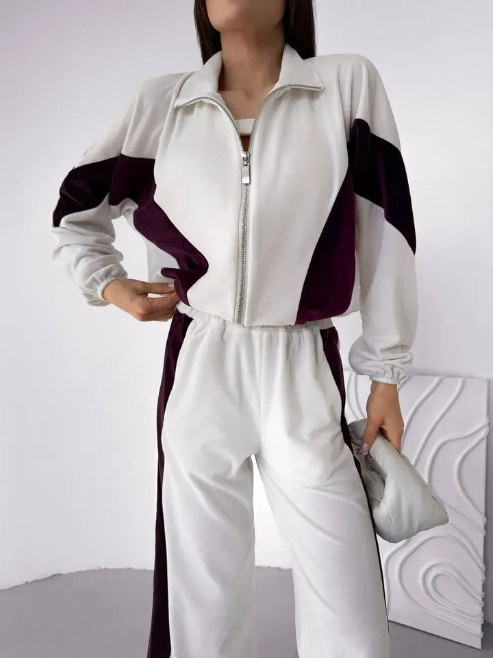 Women's Sport Velvet Jogging Set with Zip and Side Stripes Lune London