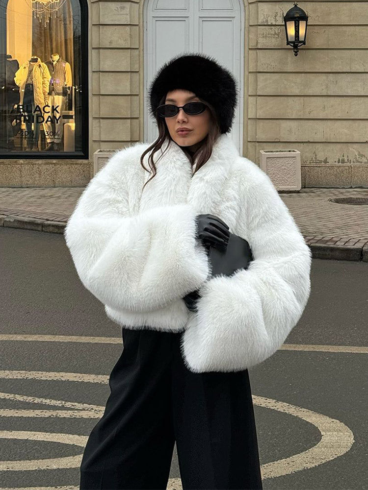 Women's Short Cozy Faux-Fur Bomber Jacket with Voluminous Shawl Collar and Boxy Silhouette Amarae
