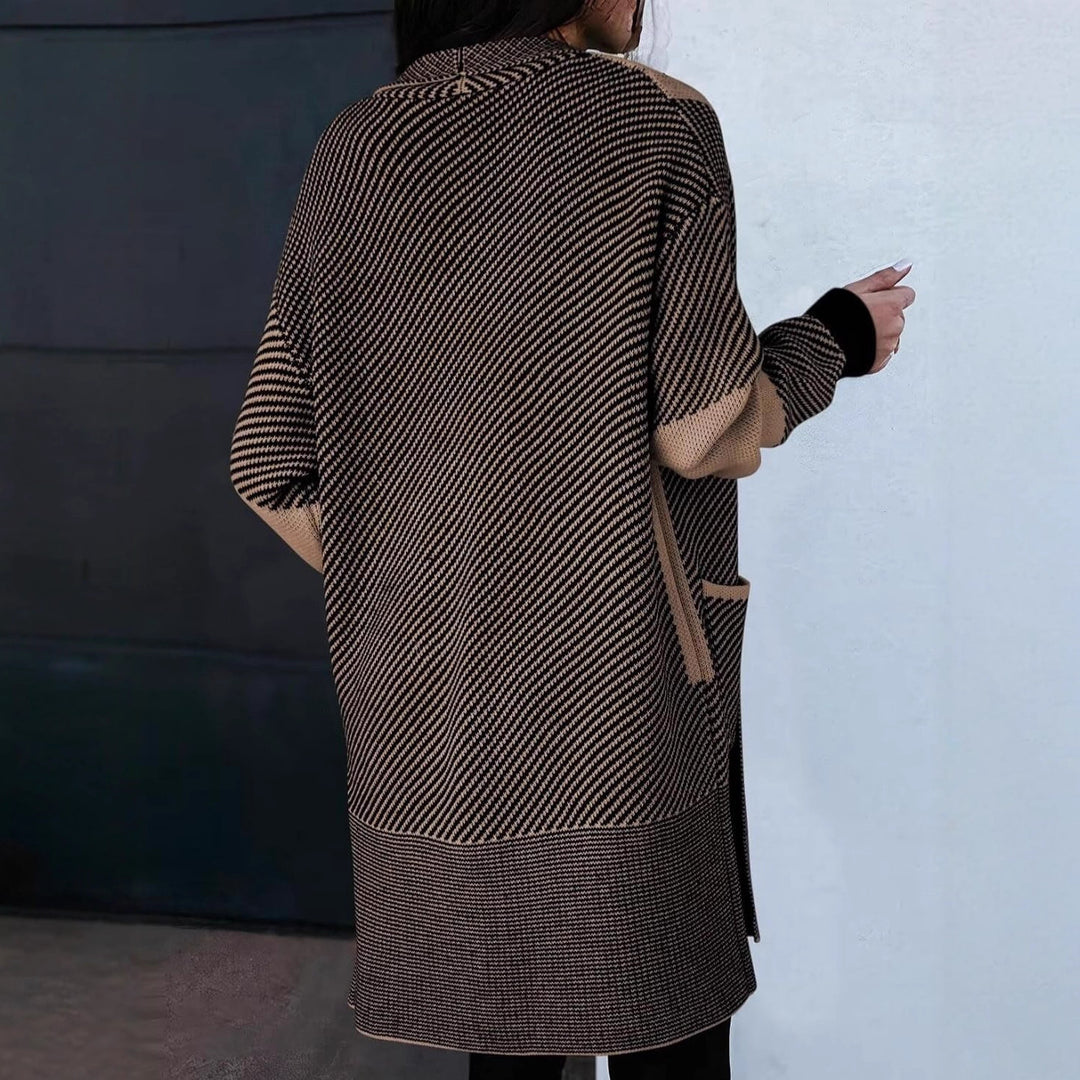 Ladies long knit cardigan with textured pattern and patch pockets Lune London