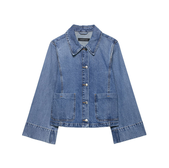 Women's Cropped Oversized Denim Jacket with Large Patch Pockets and Visible Button Placket Amarae
