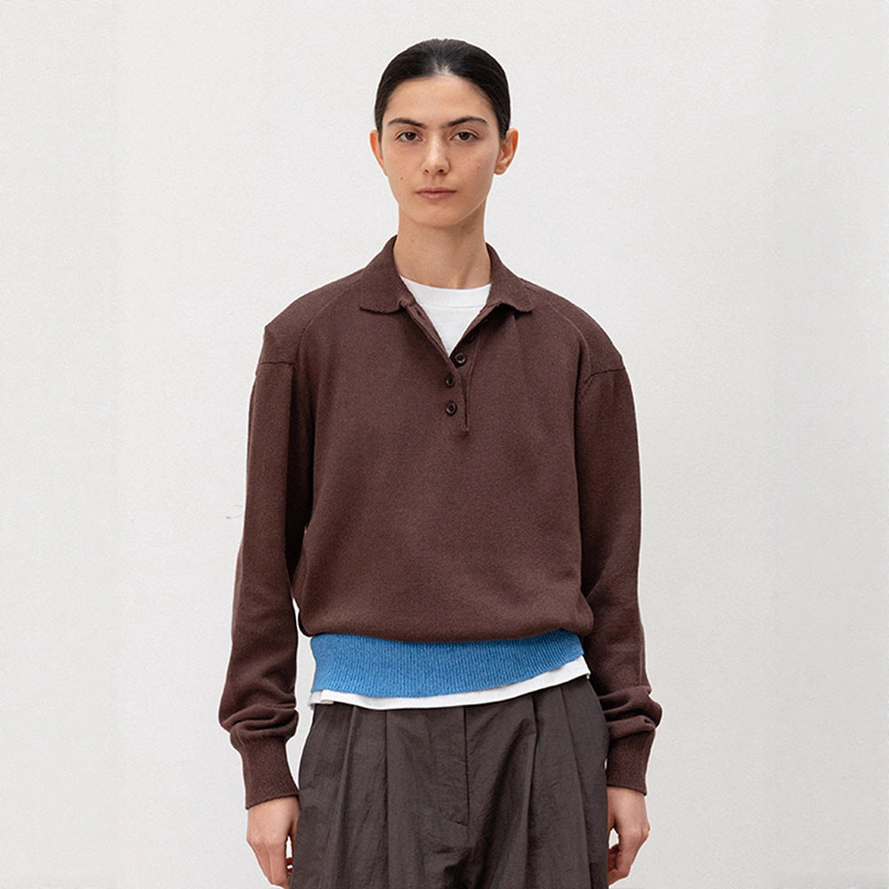 Femme pull en tricot décontracté avec col polo et ourlet contrastant Chic & Stil