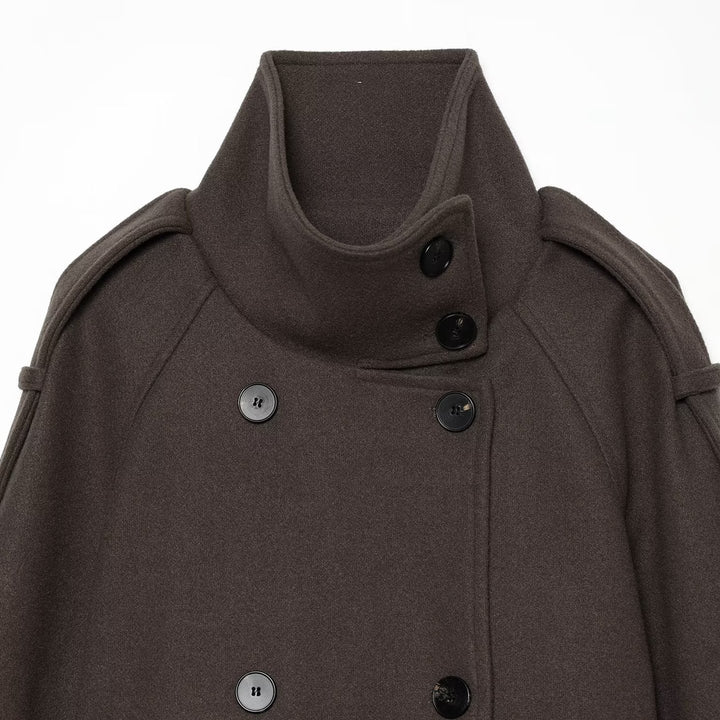 Ladies short cape jacket made of wool blend with high standing collar, double-breasted and tie belt Amarae