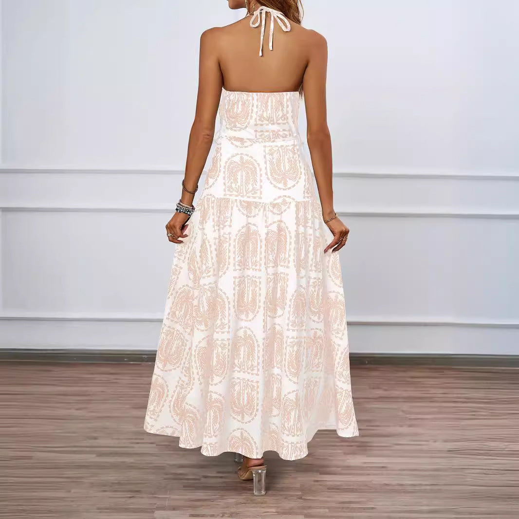 Women's maxi dress with fine graphic print and adjustable halter neck Chic & Stil
