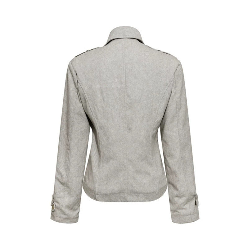 Women Short Double-Breasted Peacoat with Stand Collar and Waist Amarae