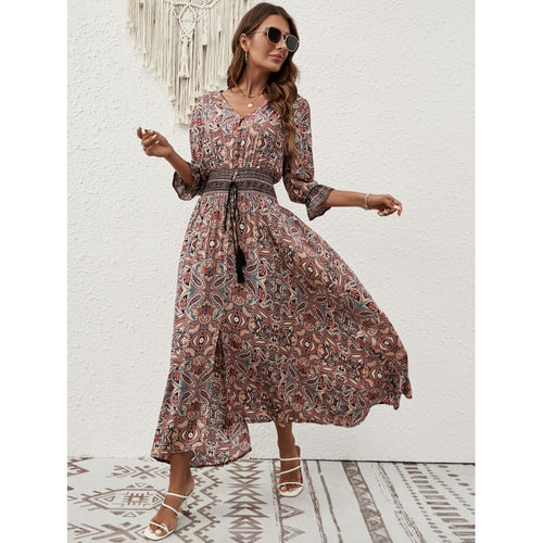 Ladies Elegant Button-Up Maxi Dress with Side Slit and Chic Corded Waist