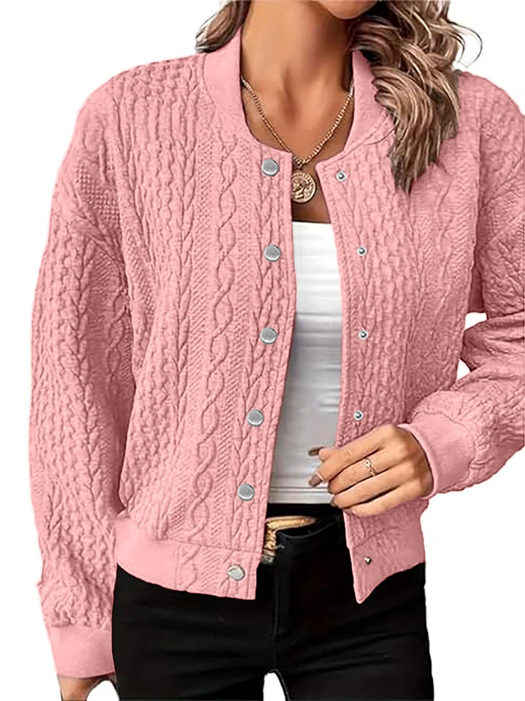 Knitted jacket for women with embossed pattern and snap button closure Lune London