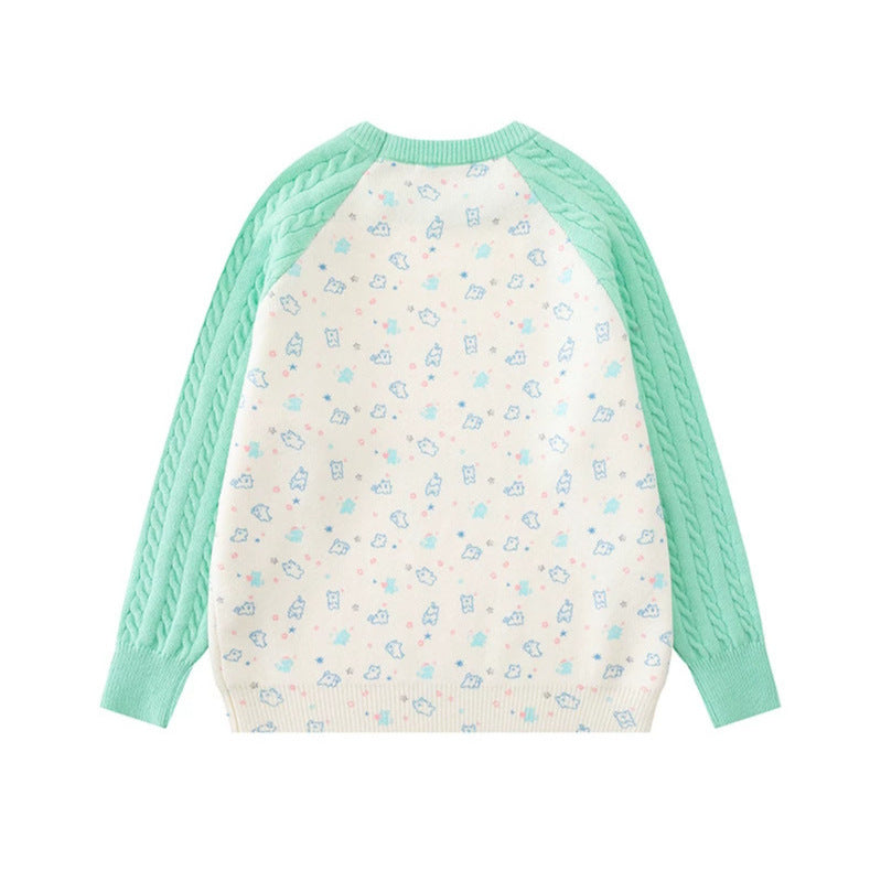 Women's knitted sweater with raglan sleeves, cable pattern sleeves and cartoon cat front print Amarae