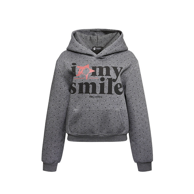 Women’s hoodie sweatshirt with polka dot pattern, kangaroo pocket and large typographic print Amarae