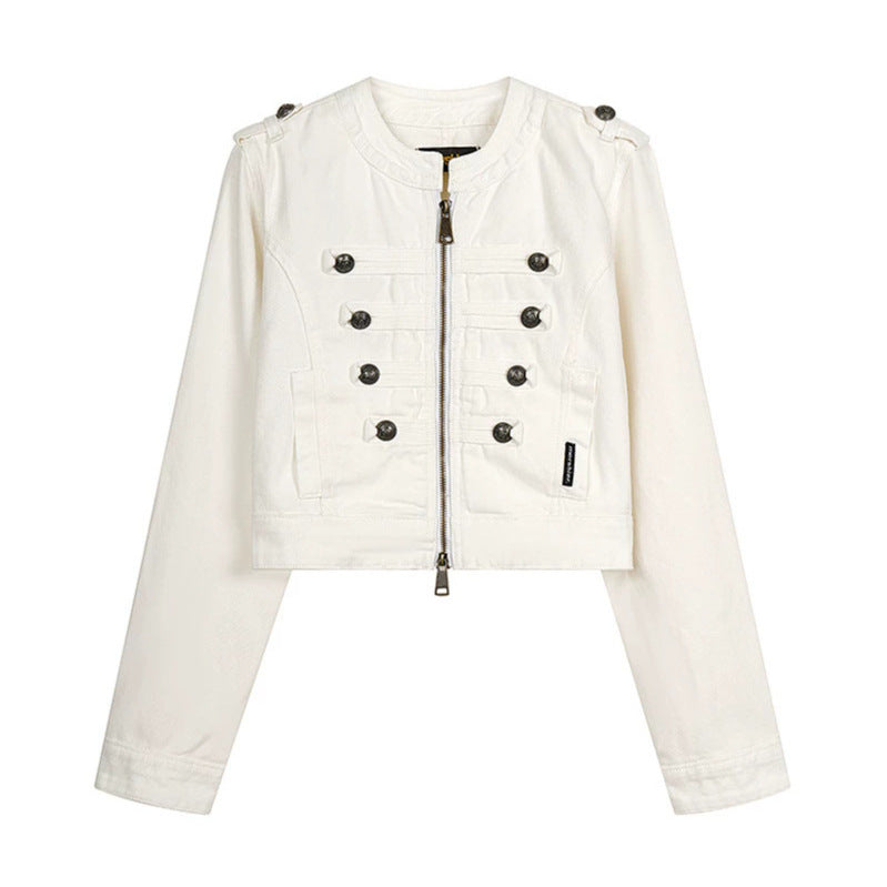 Women's Cropped Denim Jacket in Military Style with Decorative Button Strips Amarae