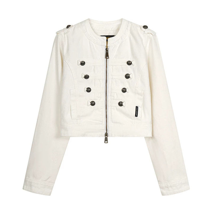 Women's Cropped Denim Jacket in Military Style with Decorative Button Strips Amarae