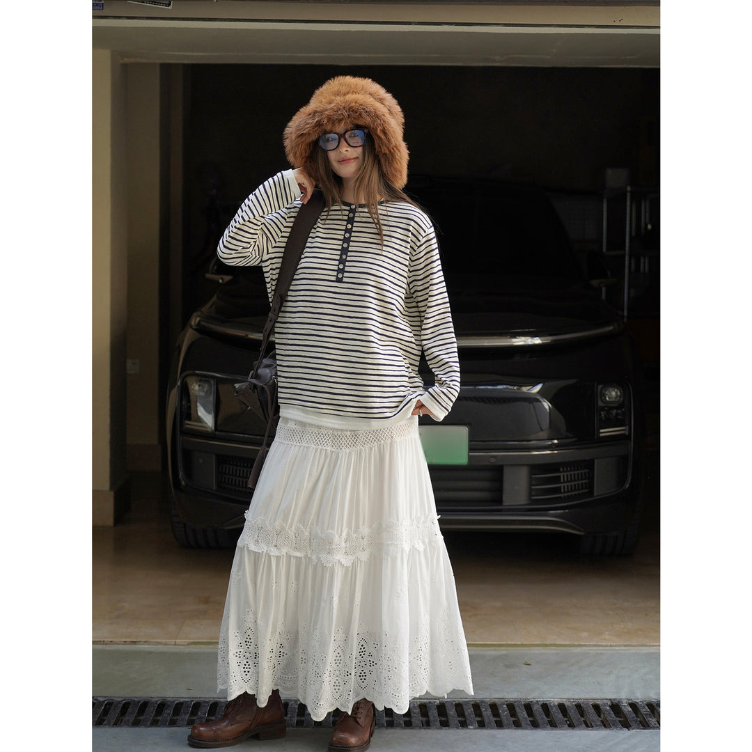 Women's Maritime Stripe Long Sleeve Shirt made of Linen-Cotton Mix Amarae