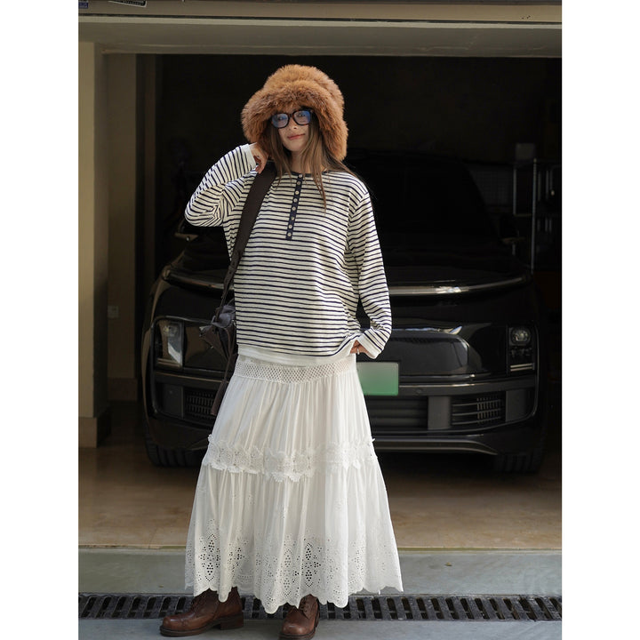 Women's Maritime Stripe Long Sleeve Shirt made of Linen-Cotton Mix Amarae