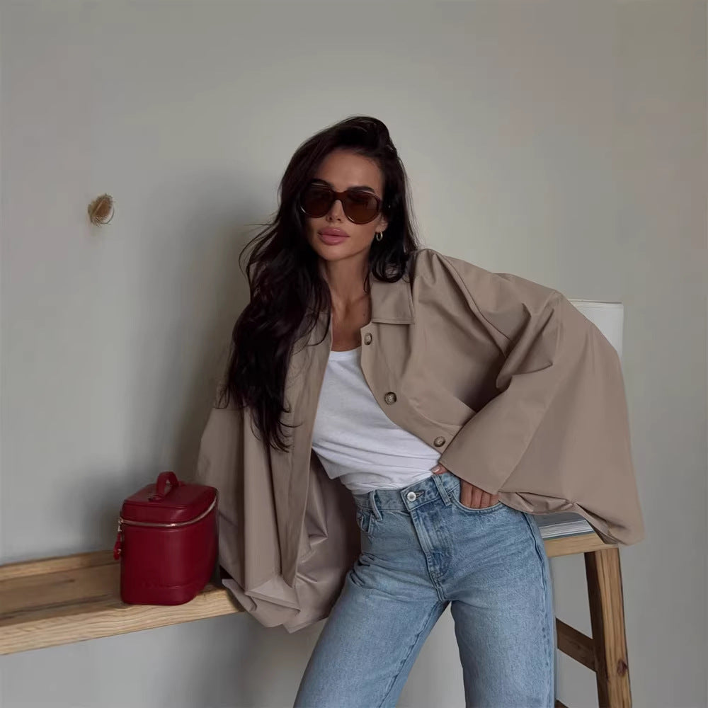Women's Oversized Cropped Jacket with Voluminous Bat Sleeves and Shirt Collar Amarae