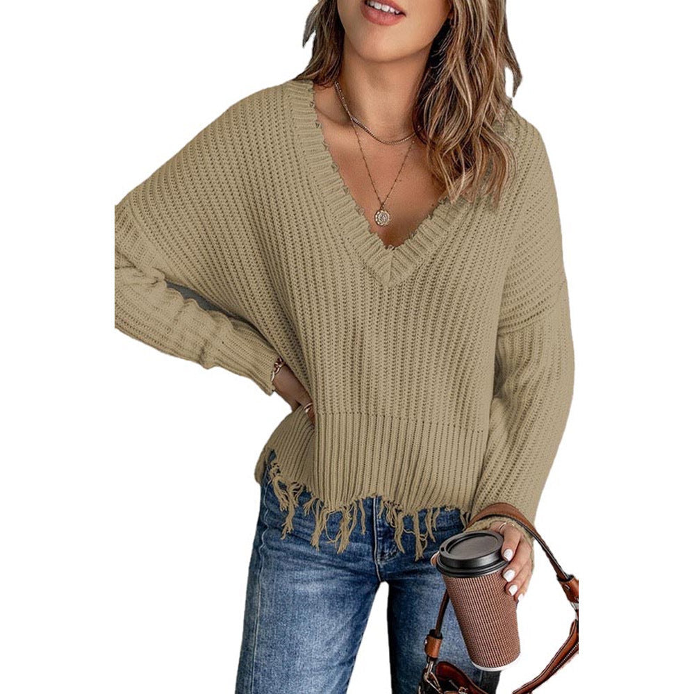 Casual V neck sweater for women with fringes and textured knit Lune London