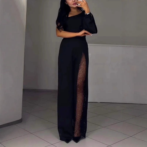 Asymmetrical one-shoulder jumpsuit for women with sequin panel Amarae