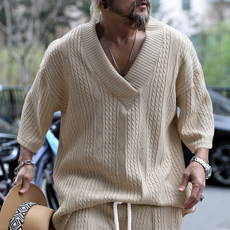 Thick knit sweater for men with deep V-neck Lune London