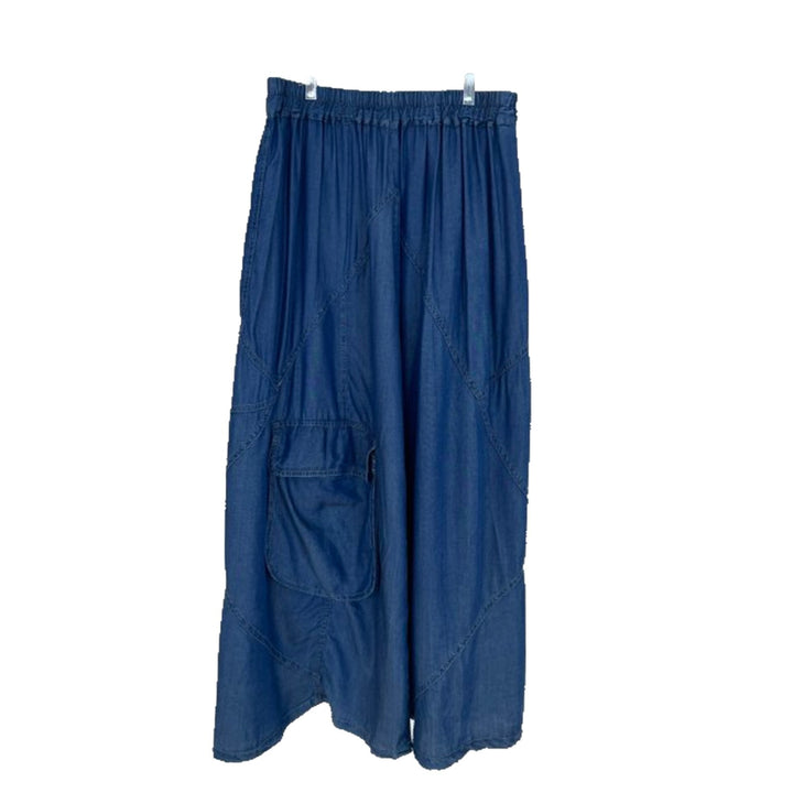 Women's Long Denim Maxi Skirt with Elastic Drawstring Waistband and Attached Cargo Pocket Amarae