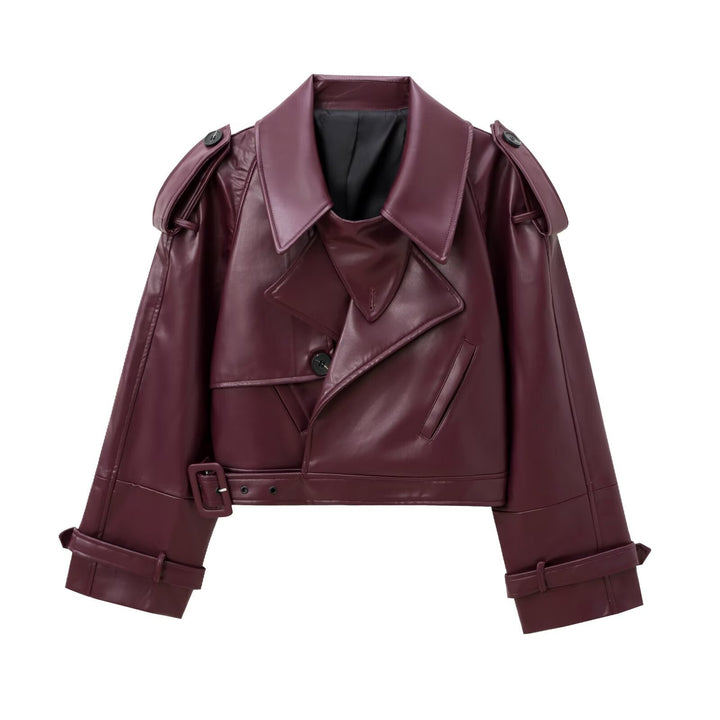 Women's Cropped Leather Motorcycle Jacket with Asymmetric Lapel Amarae