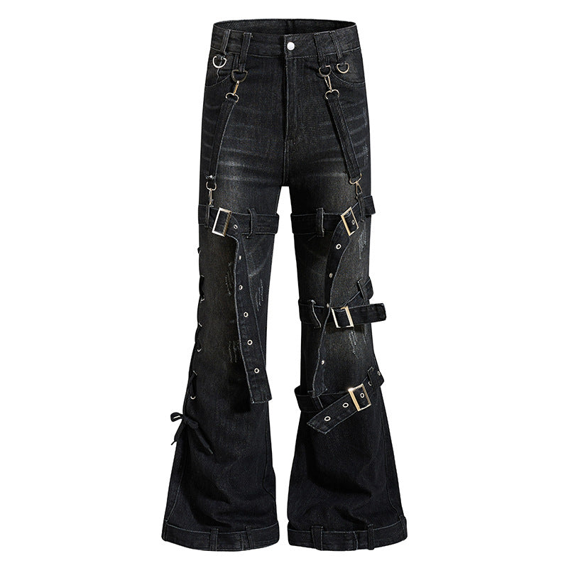 Women's Bondage-Flared-Jeans with decorative buckles, straps and used look Amarae