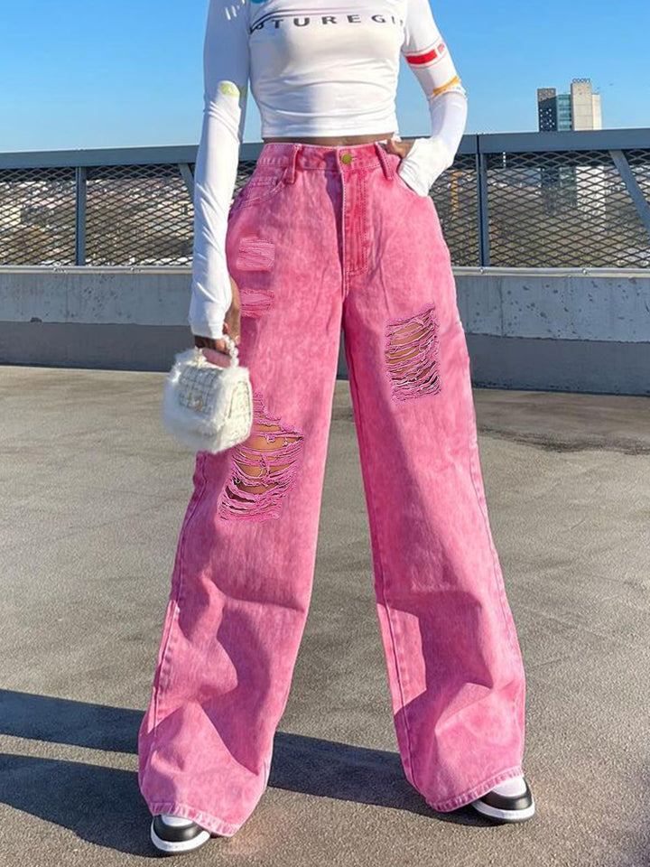 Women High-Waisted Wide Denim Palazzo Pants with Eye-Catching Ripped Inserts Amarae