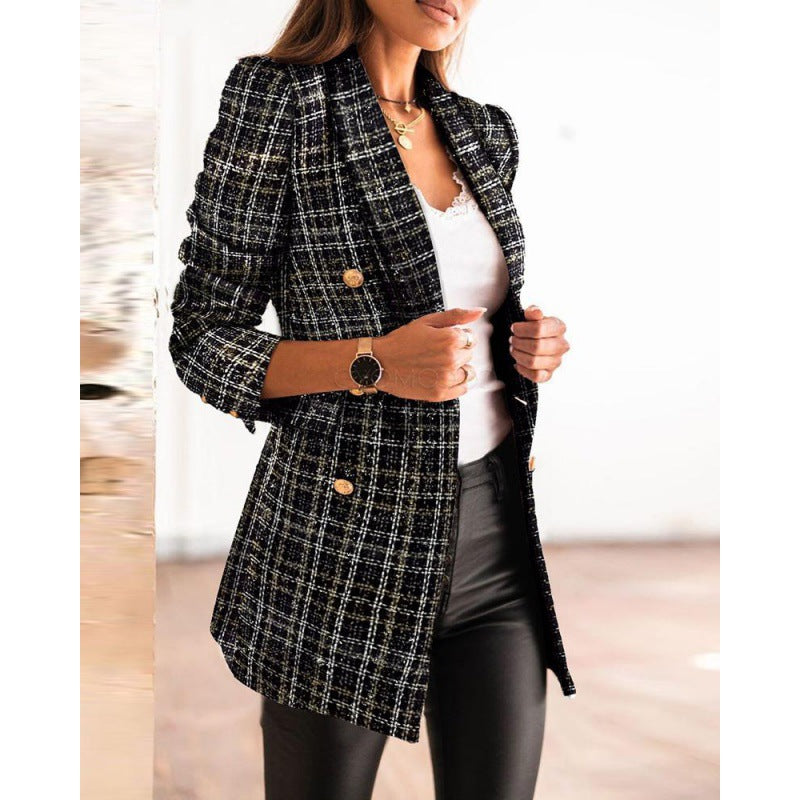 Women's blazer jacket with a modern tweed design featuring a double row of buttons and fitted details Lune London