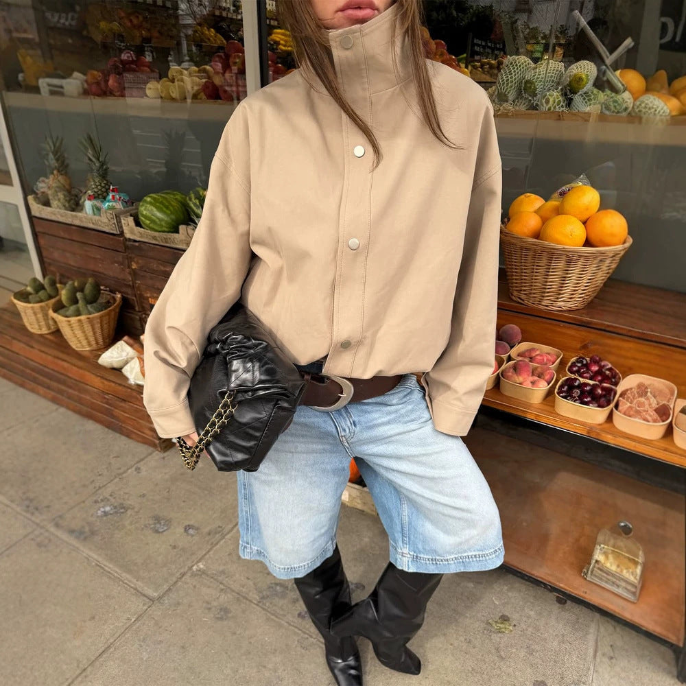 Women Short Boxy Canvas Jacket with High Stand-Up Collar and Snap Button Placket Amarae