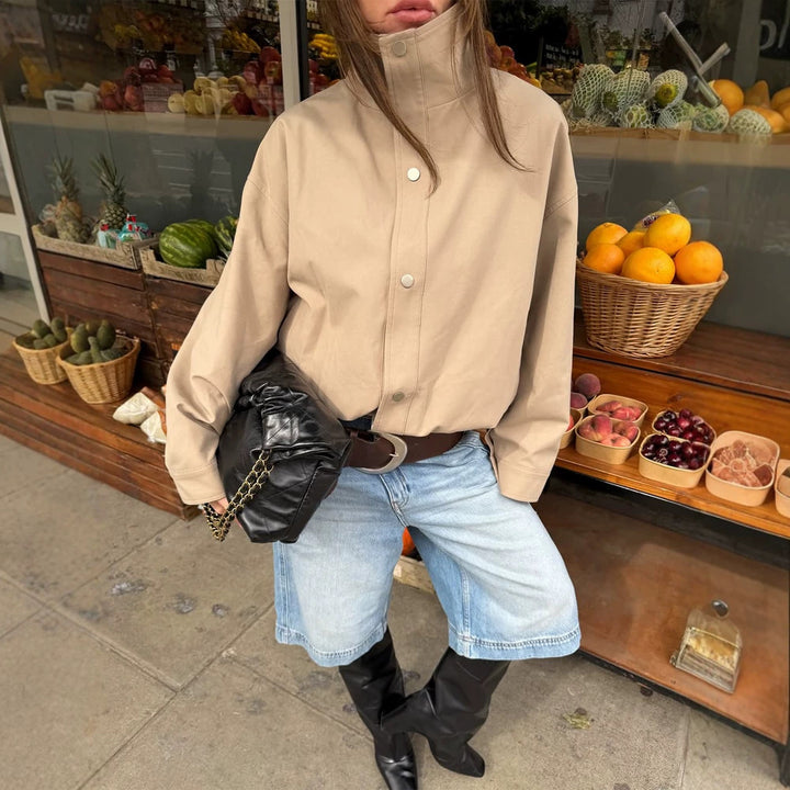 Women Short Boxy Canvas Jacket with High Stand-Up Collar and Snap Button Placket Amarae