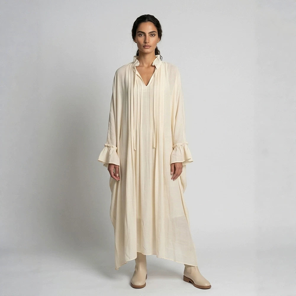 Women's maxi dress in kaftan style with ruffled collar, tie straps, and voluminous sleeves Amarae