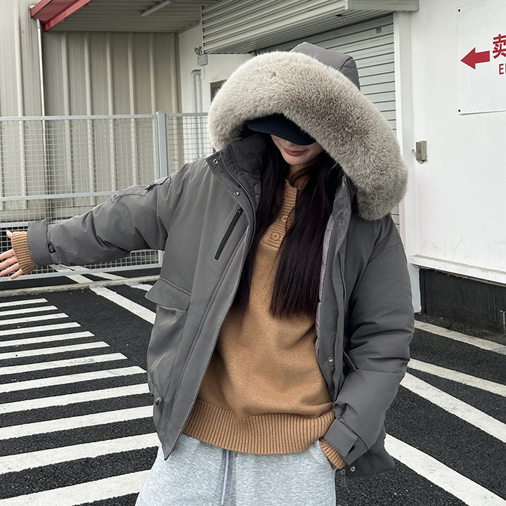 Ladies insulated puffer coat with removable faux fur collar and large front pockets Lune London