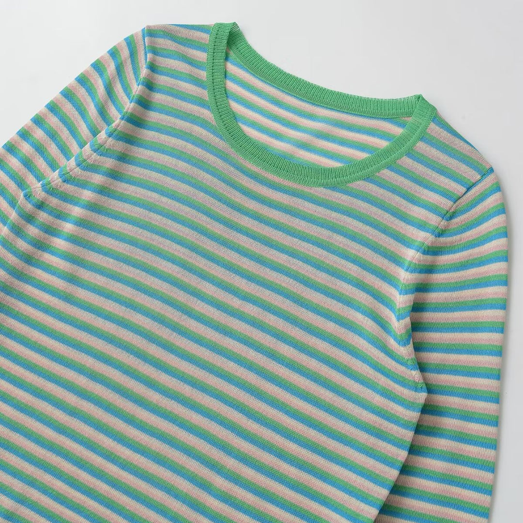 Women Striped Fine Knit Long Sleeve Shirt with Round Neckline and Figure Flattering Silhouette Amarae