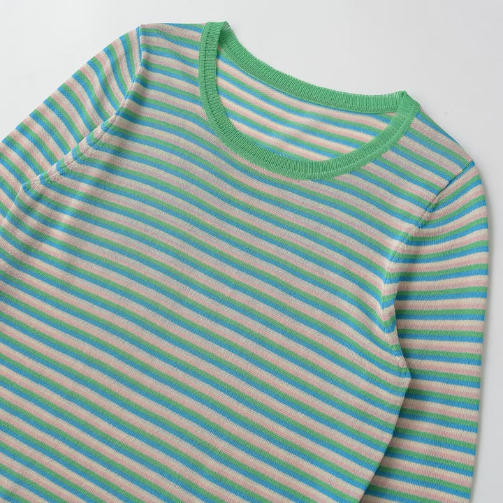 Women Striped Fine Knit Long Sleeve Shirt with Round Neckline and Figure Flattering Silhouette Amarae