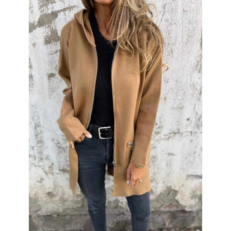 Women’s Hooded Long Cardigan with Full Zip and Decorative Pockets Amarae