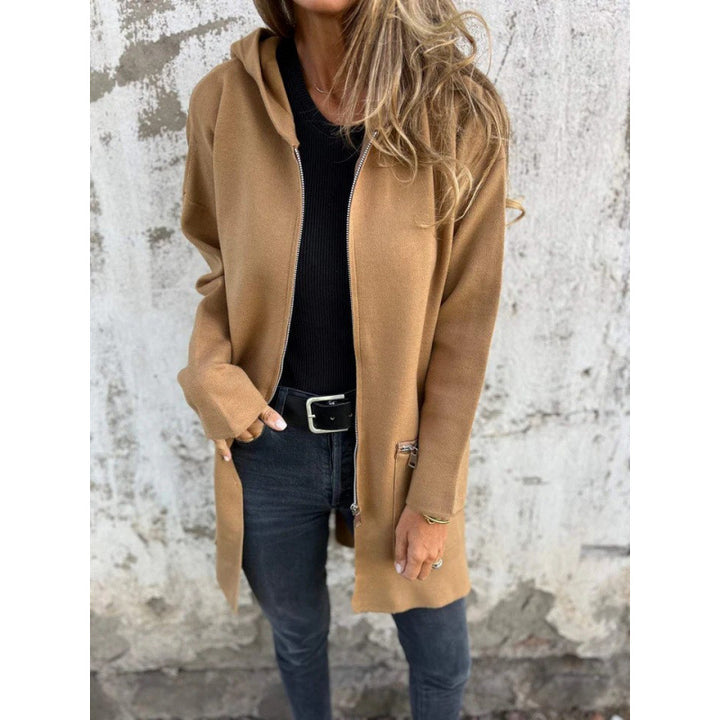 Women’s Hooded Long Cardigan with Full Zip and Decorative Pockets Amarae