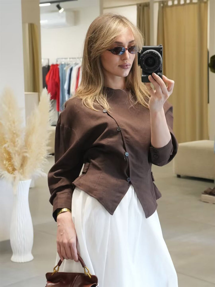Women’s asymmetrical tailored blouse jacket made of linen with diagonal button closure Amarae