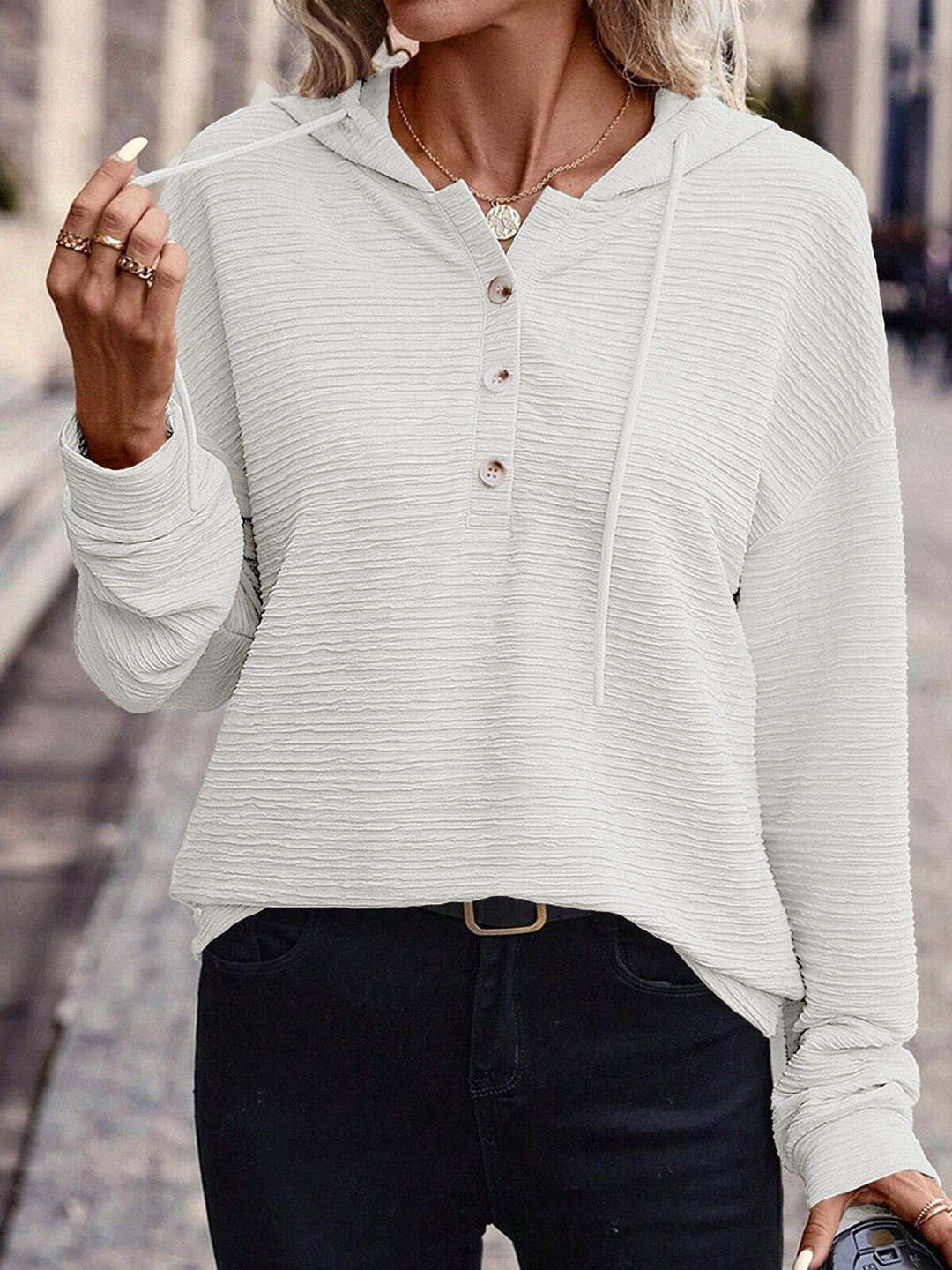 Women's textured fabric hoodie with stylish button details Lune London