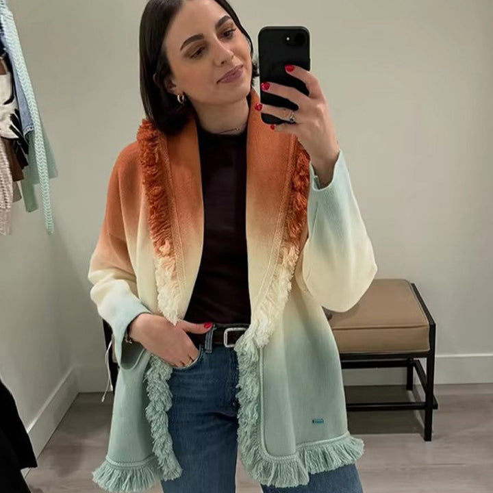 Women's Gradient Knit Cardigan with Fringes and Shawl Collar Amarae