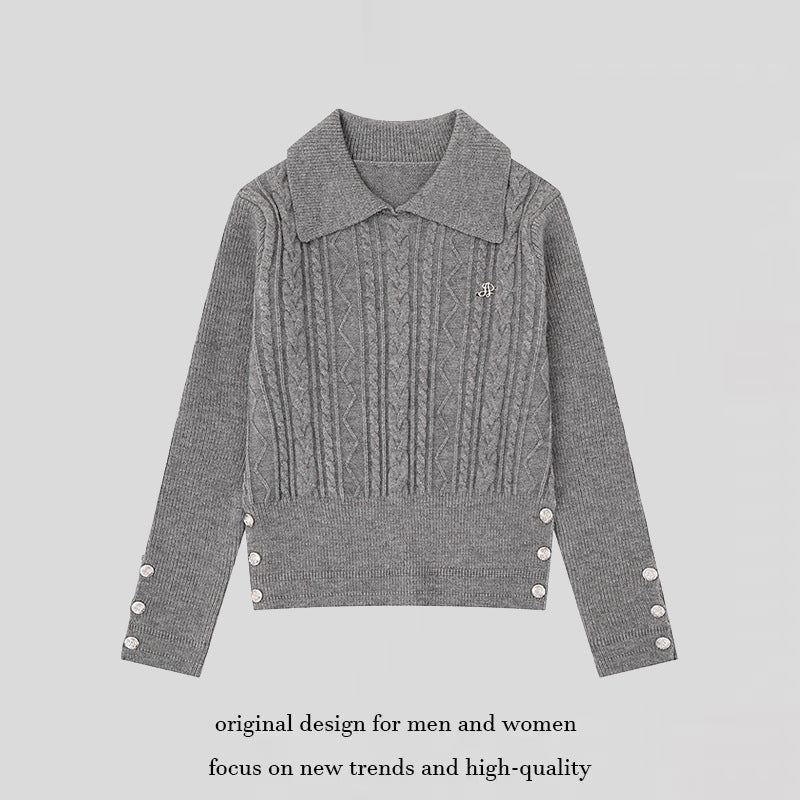 Women's fine knit polo sweater with cable pattern, decorative button trim and tailored fit Amarae