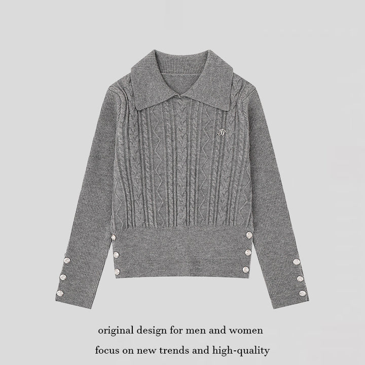 Women's fine knit polo sweater with cable pattern, decorative button trim and tailored fit Amarae