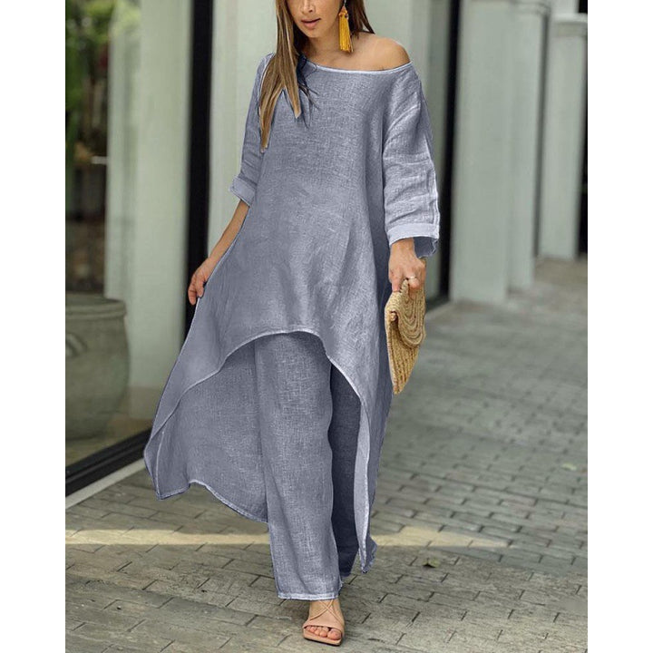 Women Lightweight Linen Two-Piece with Asymmetrical High-Low Tunic and Wide Palazzo Pants Amarae
