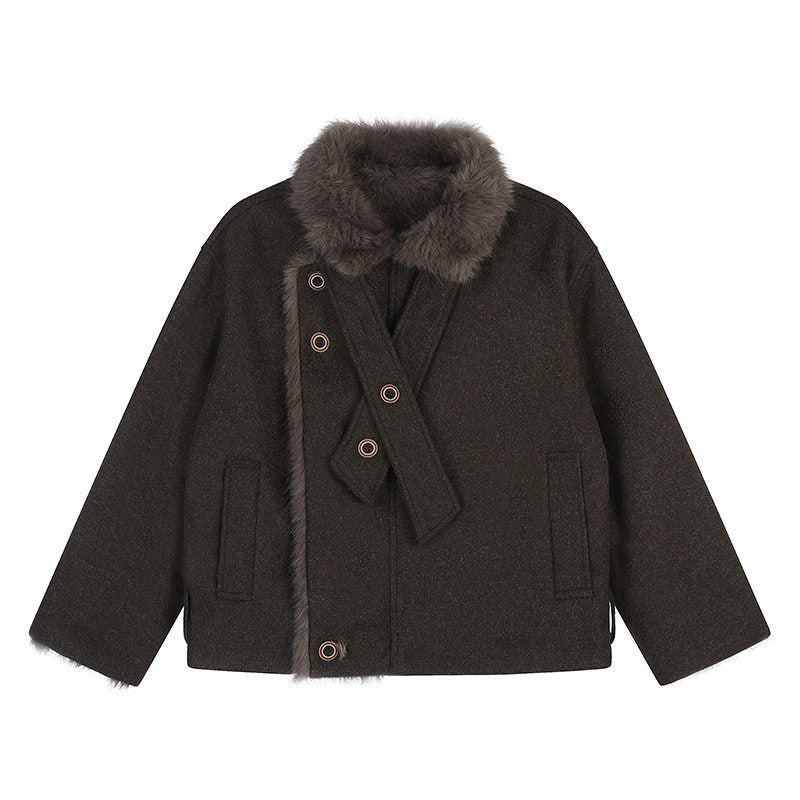 Women's short wool jacket with faux fur trim and asymmetric button placket Amarae