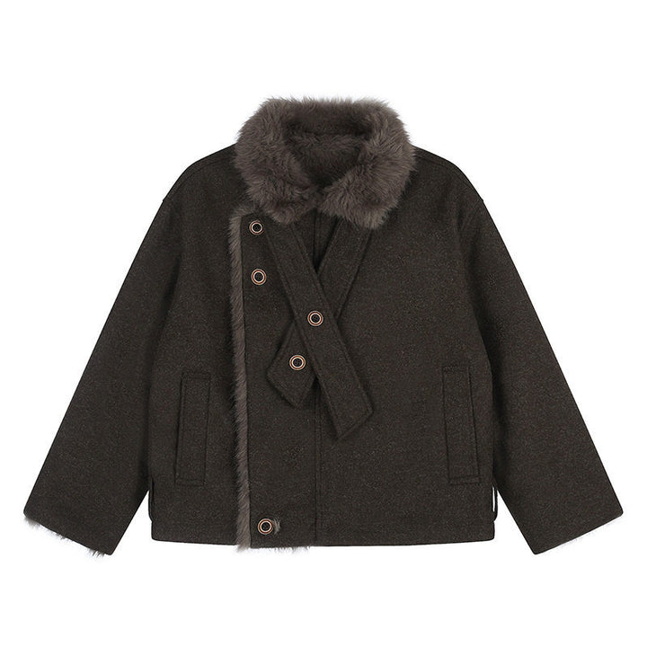 Women's short wool jacket with faux fur trim and asymmetric button placket Amarae