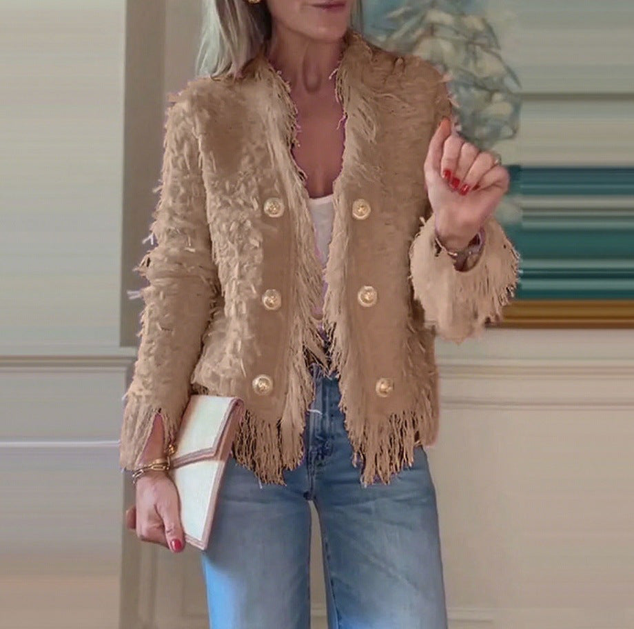Veste à franges pour femmes avec des boutons dorés Chic & Stil