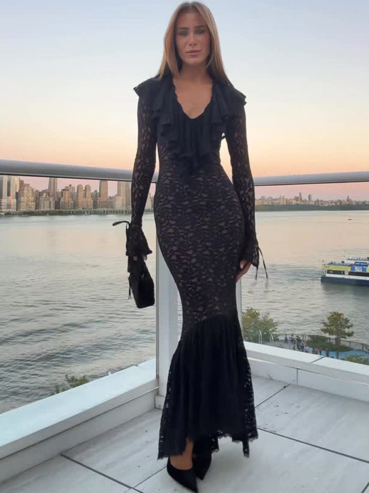 Women's Fitted Lace Maxi Dress with Ruffle Collar and Bell Hem Amarae
