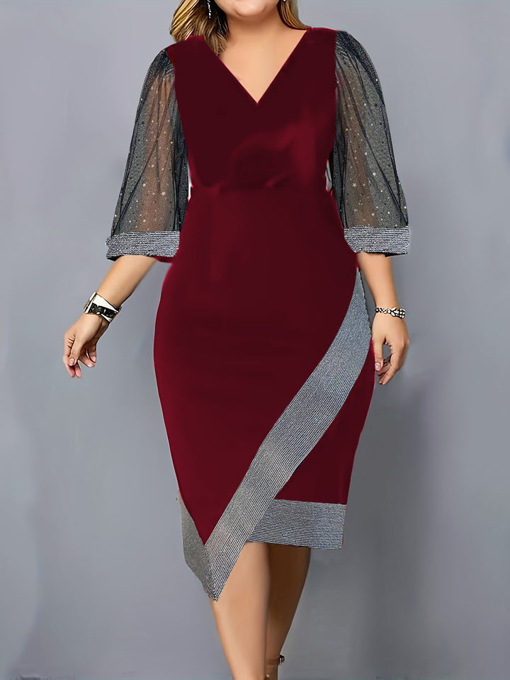 Ladies Elegant Cocktail Dress with Sheer Puff Sleeves and Asymmetrical Hem Lune London