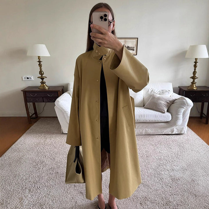 Ladies Maxilong Oversize Trench Coat with Stand Collar and Concealed Snap Placket Amarae